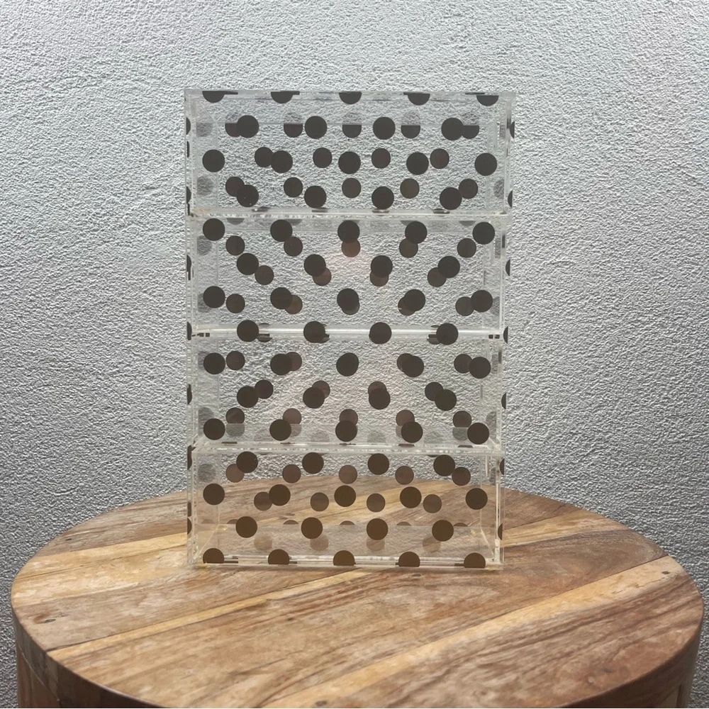 Retro l Clear Acrylic Gold Polka Dot Four Drawer Beauty Cosmetic Tower Organizer